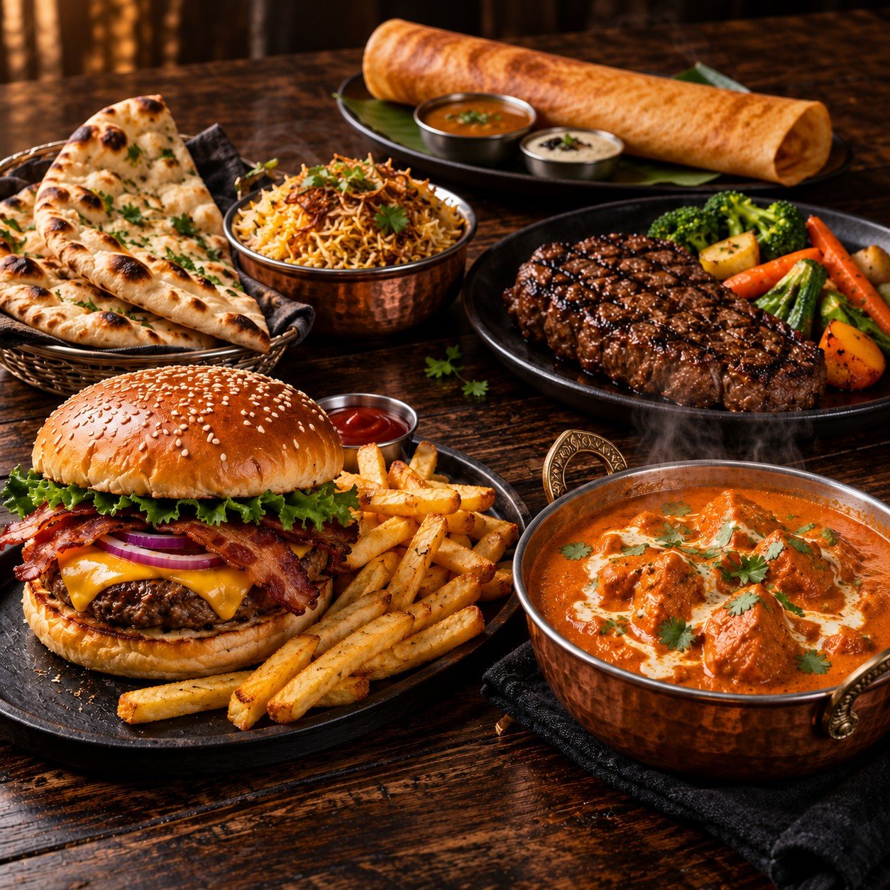 Indian and Western food spread with a burger, fries, steak, butter chicken, biryani, naan and dosa